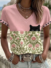 Women's Black Cat With Floral Graphic Casual Short Sleeve T-shirt