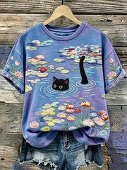 Women's Cute Flower Cat Short Sleeve T-shirt
