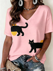 Women's Cat Pattern V-Neck T-Shirt
