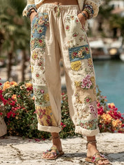 Women's Bohemian Floral Embroidery Art Contrast Color Linen Blend Casual Pants