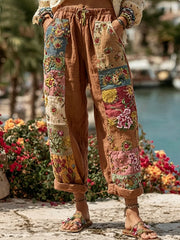Women's Bohemian Floral Embroidery Art Contrast Color Linen Blend Casual Pants