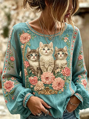 Women's Cat Embroidered Print Shirt