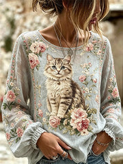 Women's Cat Embroidered Print Shirt