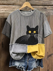 Women's Black Cat Striped & Polka Dots Patchwork Art Cotton Linen Crew Neck Short Sleeve Top