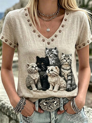 Women's Lovely Cats Art & Paw Prints V-Neck Linen Short Sleeves Top