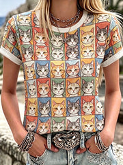 Women's Colorful Cute Cats Pattern Round Neck Linen Top