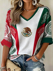 Women's Mexico Football Lover Art Printed Waffle T-shirt