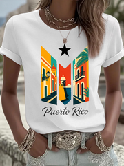 Women's Puerto Rico Printed Iron On Short Sleeve T-Shirt