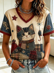Women's Cat Lovers Printed V-neck T-shirt