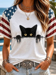 Women's American Flag Cat Print Casual T-Shirt