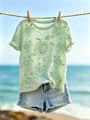 Women's Vacation Ocean Wind Pattern Printed Casual Washed T-shirt