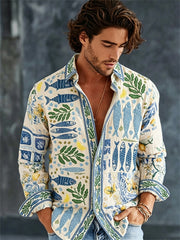 Men's Vintage Fish & Lemon Botanical Print Mediterranean Style Vacation Shirt