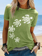 Women's Sea Turtle Print Summer Beach Ocean Vacation Casual Tee
