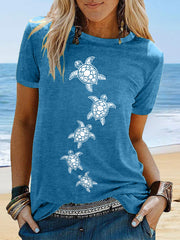 Women's Sea Turtle Print Summer Beach Ocean Vacation Casual Tee