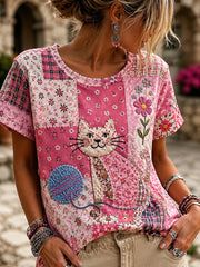 Women's Cute Cat Art Linen Short Sleeves T-shirt