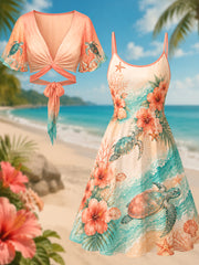Women's Sea Turtle Print Slip Dress Two Piece Set