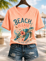 Women's Sea Turtle Print Casual V-Neck Tee