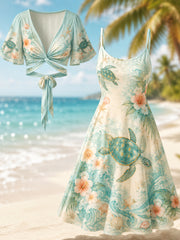 Women's Sea Turtle Print Slip Dress Two Piece Set