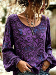 Women's Alzheimer's Awareness Support Purple Floral Art Cotton-Linen Shirt