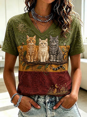 Women's Cat Printed V-neck T-shirt