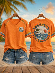 Women's Mother Ocean I Have Heard You Call Print Casual V-Neck Tee