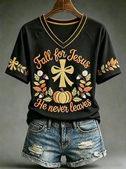 Women's Fall For Jesus He Never Leaves T-Shirt