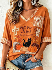 Women's Fall for Jesus He Never Leaves V-Neck Top