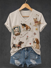 Women's Dog Printed V-neck T-shirt
