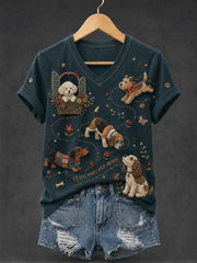 Women's Dog Printed V-neck T-shirt