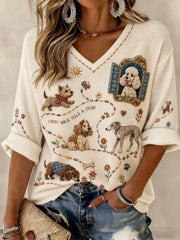 Women's Dog Printed Mid-length Sleeves V-neck T-shirt