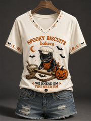 Women's Halloween Black Cat Spooky Biscuits Bakery Pumpkin Print Casual V-Neck Tee