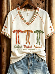 Women's Grateful Thankful Blessed God is Faithful in Every Season Bow Knots Print short-sleeved T-shirt