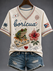 Women's Puerto Rico Printed V-neck off-shoulder short-sleeved T-shirt