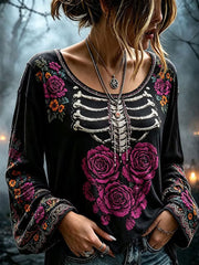 Women's Gothic Skull Rose Floral Cotton Linen Shirt