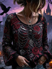 Women's Gothic Skull Rose Floral Cotton Linen Shirt