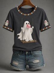 Women’s Fall Halloween Cute Bubble Gum Ghost on Swing Print Casual Tee