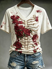 Women's Halloween Bloody Human Skeleton With Floral Art short-sleeved T-shirt