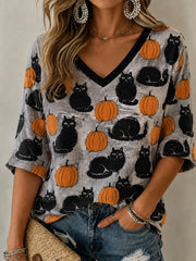 Women's Retro Halloween Black Cat Pumpkin Art Mid-length Sleeves V-Neck T-Shirt