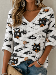 Women's Retro Halloween Black Cat Pumpkin Art Mid-length Sleeves V-Neck T-Shirt