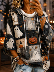 Women's Halloween Ghost Pumpkin Face Patchwork Print Casual Short-Sleeve Hoodie