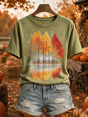 Women's Vintage Autumn Trees Print Cozy Short-sleeved T-shirt