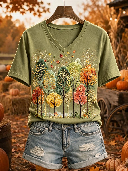Women's Vintage Autumn Tree Print Short-sleeved T-shirt
