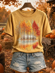 Women's Vintage Autumn Trees Print Cozy Short-sleeved T-shirt