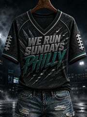 Women's Football Philly WE RUN SUNDAYS Printed V-neck T-shirt