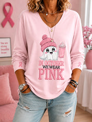 Women's In October We Wear Pink Halloween Pink Ghost Print Breast Cancer Awareness Support V-Neck Long-Sleeve T-Shirt