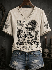 Women's Funny Halloween Skull Witch Print Casual V-Neck Tee
