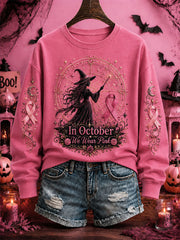 Women's Breast Cancer Awareness Halloween Witch-Themed Casual Regular Sweatshirt