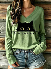 Women's Is He Dead Yet Black Cat V-Neck T-Shirt