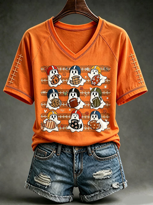 Women's Cute Football Ghost V-neck T-shirt