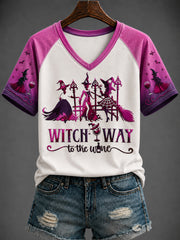 Women's Halloween “WITCH WAY to the wine” Printed V-neck T-shirt